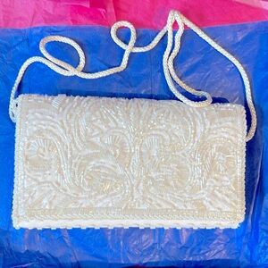 Elegant White Beaded Clutch, 8.5”